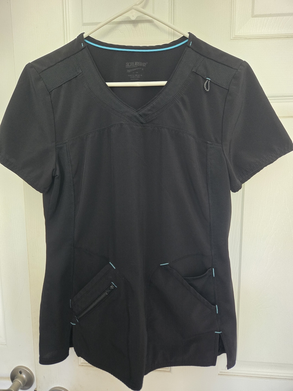Scrubstar Small Black V-Neck Short Sleeve Top with Teal Accents